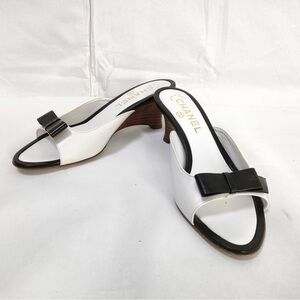 Chanel black and white bow wedge sandals